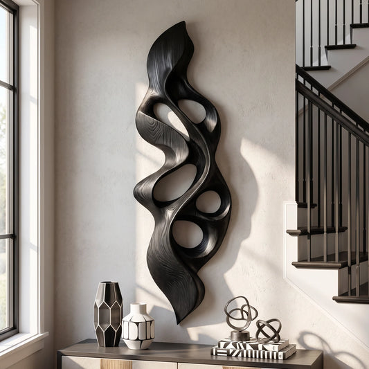 Vertical Flame – Abstract Wooden Wall Sculpture with Organic Openings
