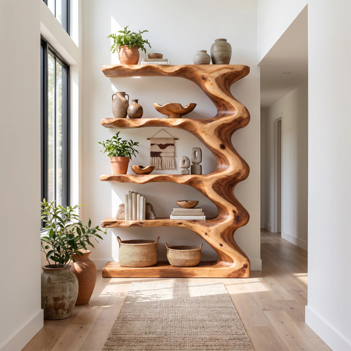 Wave Harmony – Organic Solid Wood Bookcase with Flowing Wave Shelves