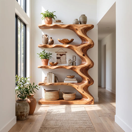 Wave Harmony – Organic Solid Wood Bookcase with Flowing Wave Shelves