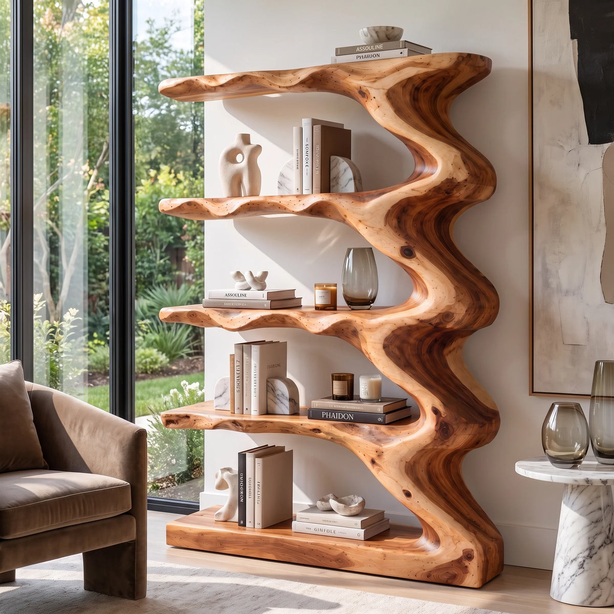 Wave Harmony – Organic Solid Wood Bookcase with Flowing Wave Shelves