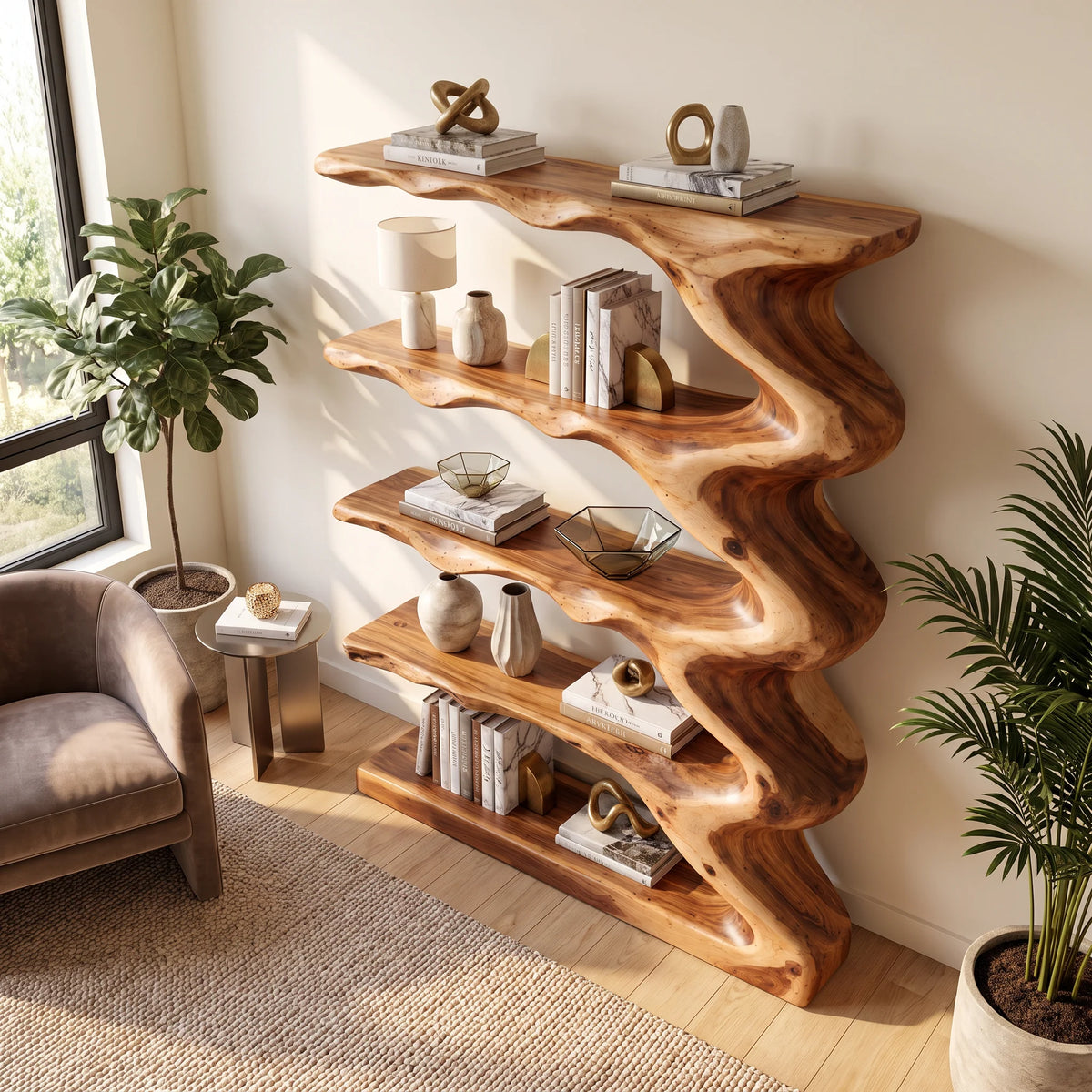 Wave Harmony – Organic Solid Wood Bookcase with Flowing Wave Shelves