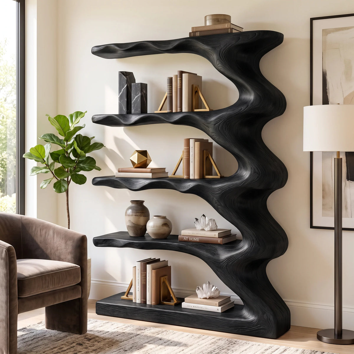 Wave Harmony – Organic Solid Wood Bookcase with Flowing Wave Shelves
