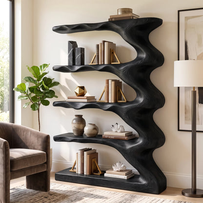 Wave Harmony – Organic Solid Wood Bookcase with Flowing Wave Shelves