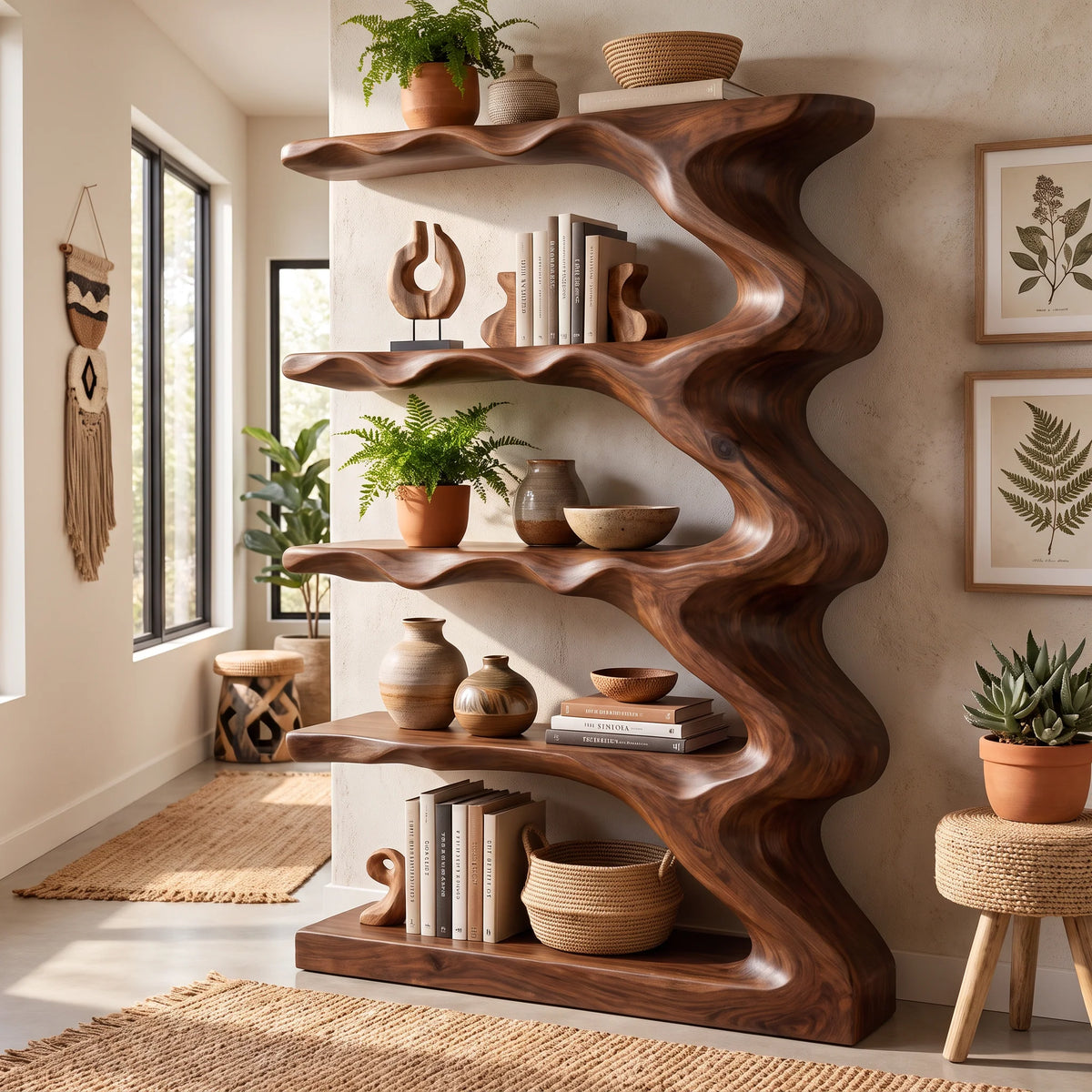 Wave Harmony – Organic Solid Wood Bookcase with Flowing Wave Shelves