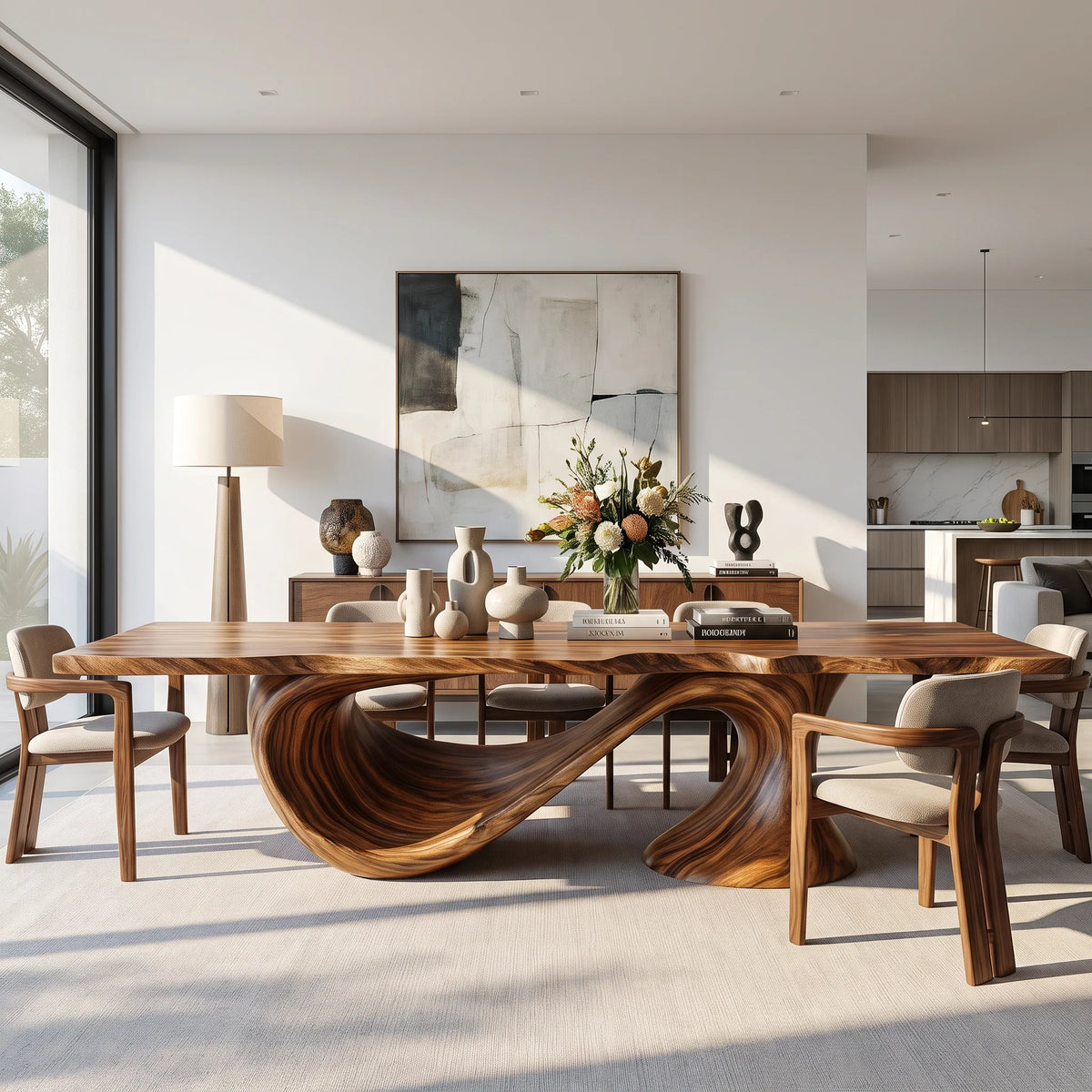Modern Solid Wood Dining Table with Sculptural Sweeping Arc Base