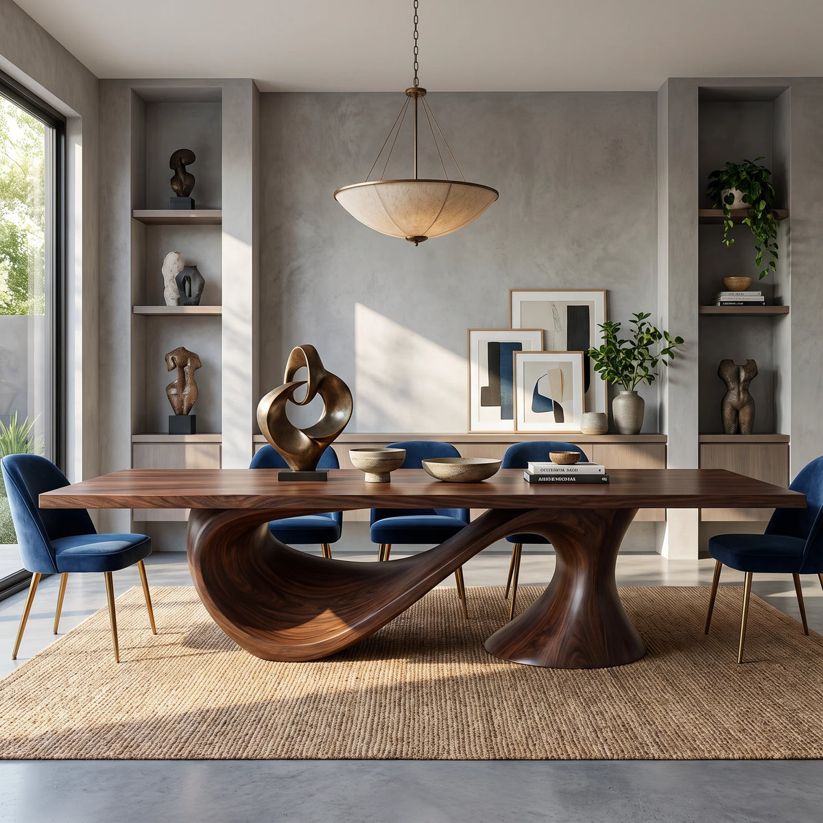 Modern Solid Wood Dining Table with Sculptural Sweeping Arc Base