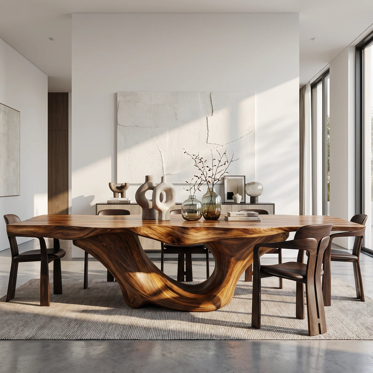 Organic Solid Wood Dining Table with Sculptural Canyon Base