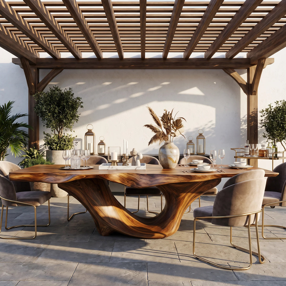 Organic Solid Wood Dining Table with Sculptural Canyon Base