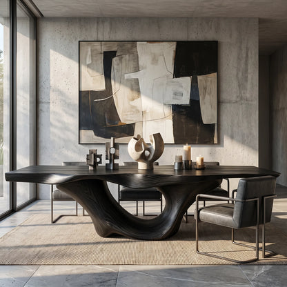 Organic Solid Wood Dining Table with Sculptural Canyon Base