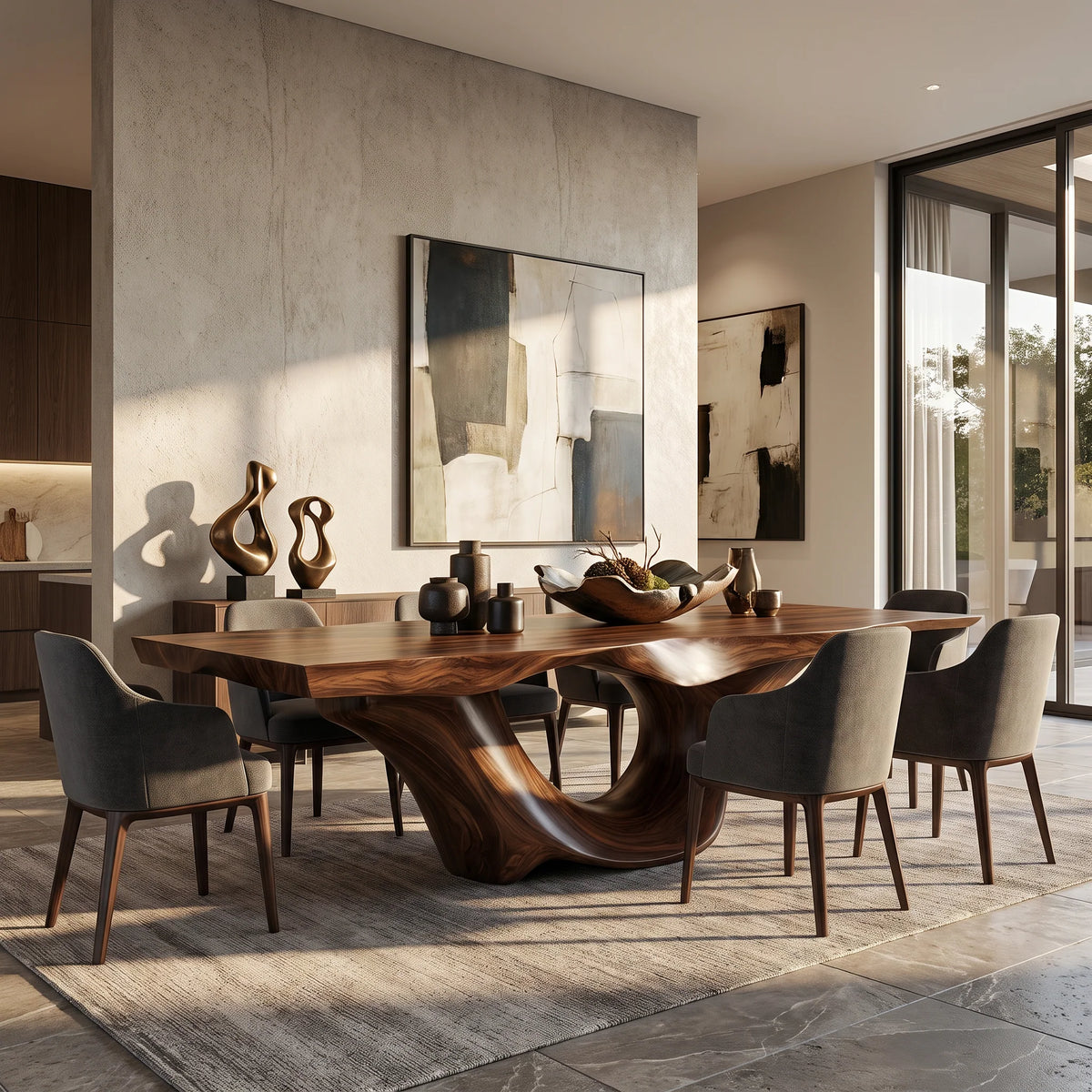 Organic Solid Wood Dining Table with Sculptural Canyon Base