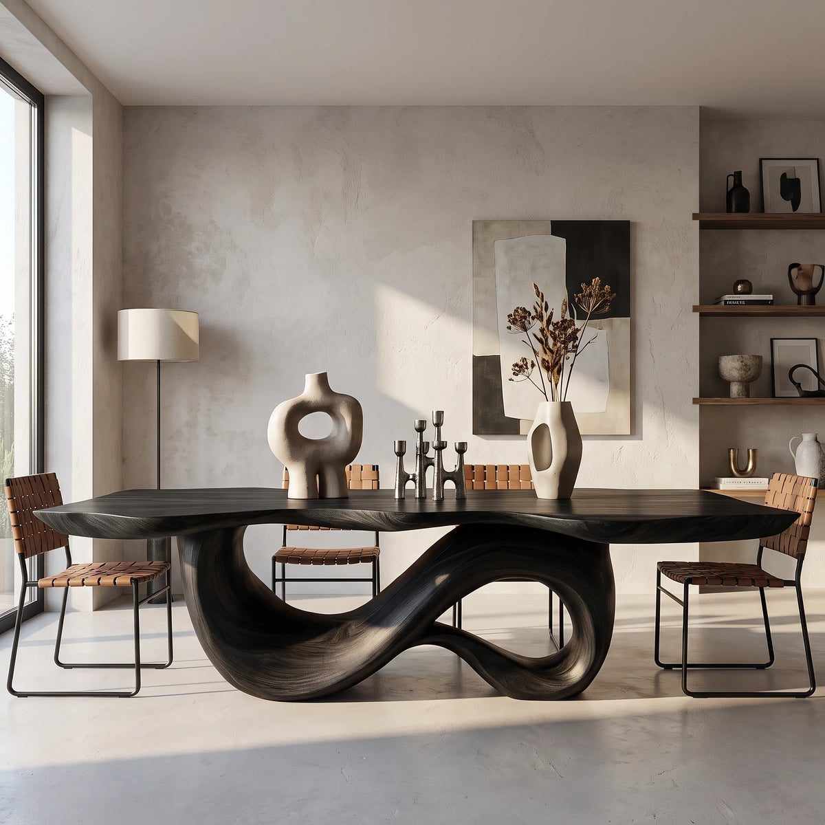 Modern Solid Wood Dining Table with Sculptural Double Loop Base