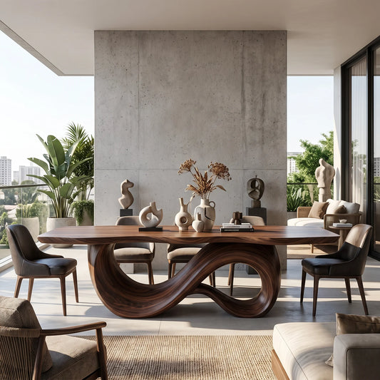 Modern Solid Wood Dining Table with Sculptural Double Loop Base
