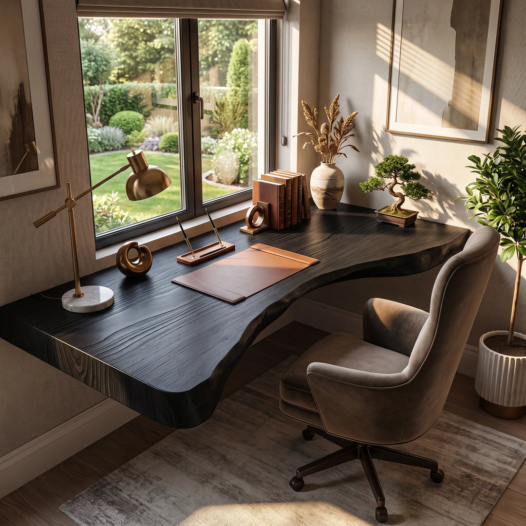 Floating Solid Wood Corner Desk with Curved Live Edge – Natural Slab Design for Modern Home Office