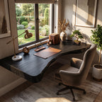 Floating Solid Wood Corner Desk with Curved Live Edge – Natural Slab Design for Modern Home Office