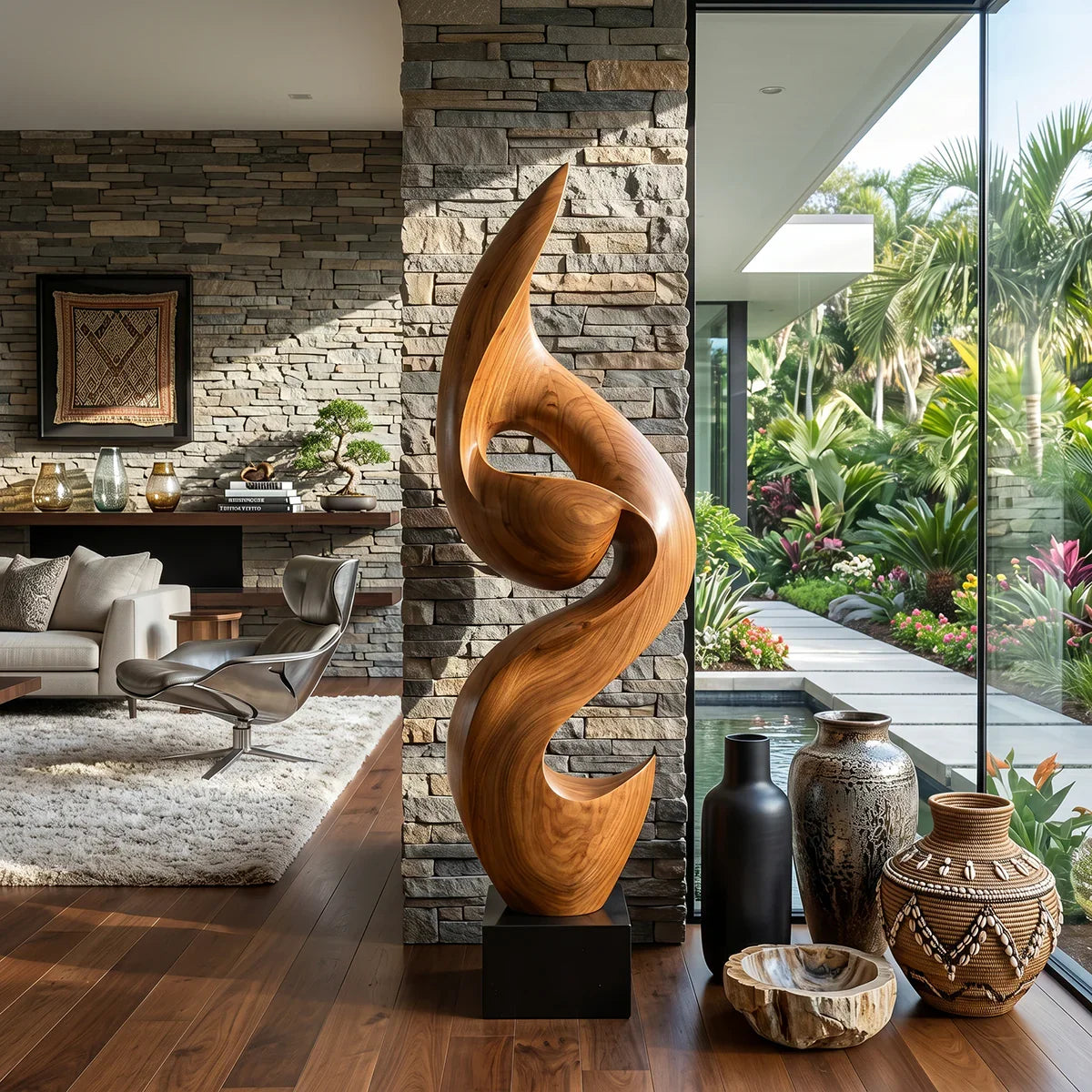 Tall Solid Wood Flowing Curve Floor Sculpture with Plinth Base – Modern Artistic Décor for Contemporary Interiors