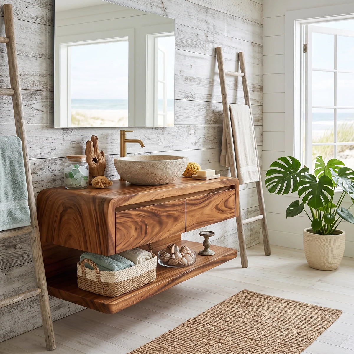 Floating Bathroom Vanity with Seamless Curved Frame – Modern Wall-Mounted Vanity Cabinet