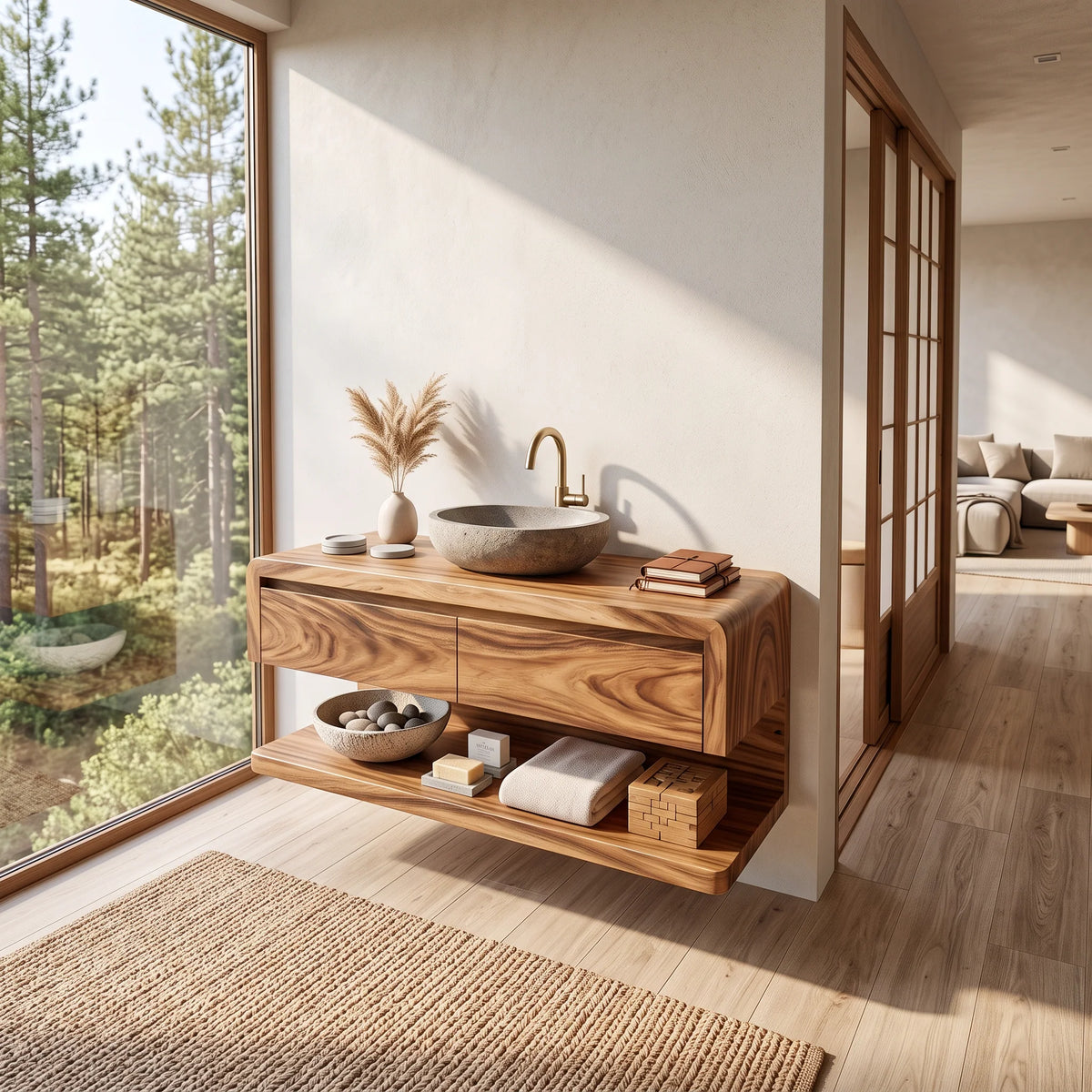 Floating Bathroom Vanity with Seamless Curved Frame – Modern Wall-Mounted Vanity Cabinet