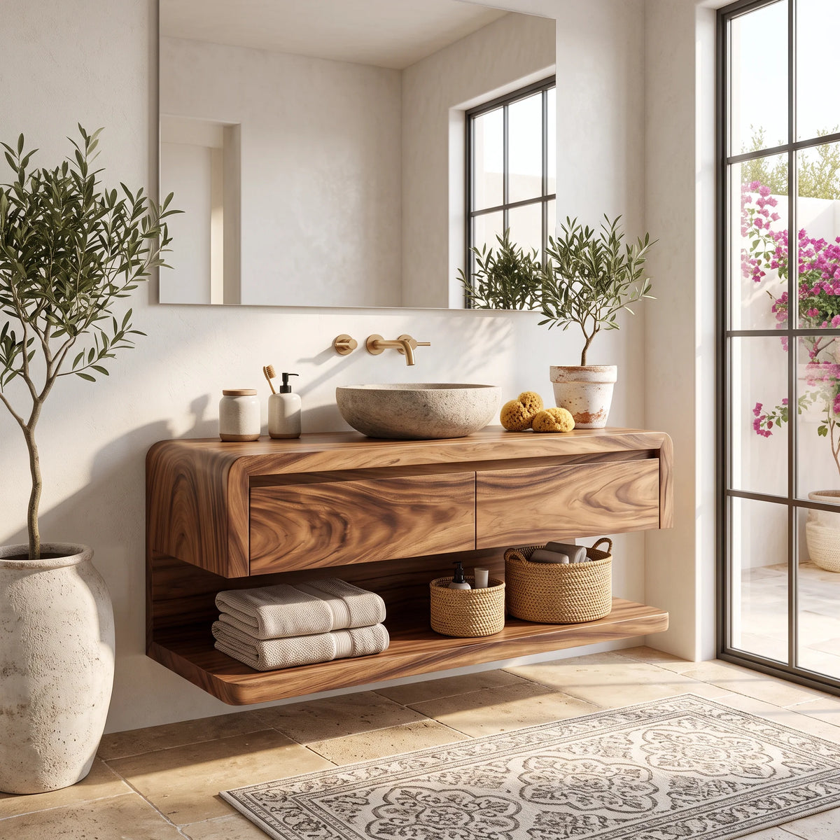 Floating Bathroom Vanity with Seamless Curved Frame – Modern Wall-Mounted Vanity Cabinet