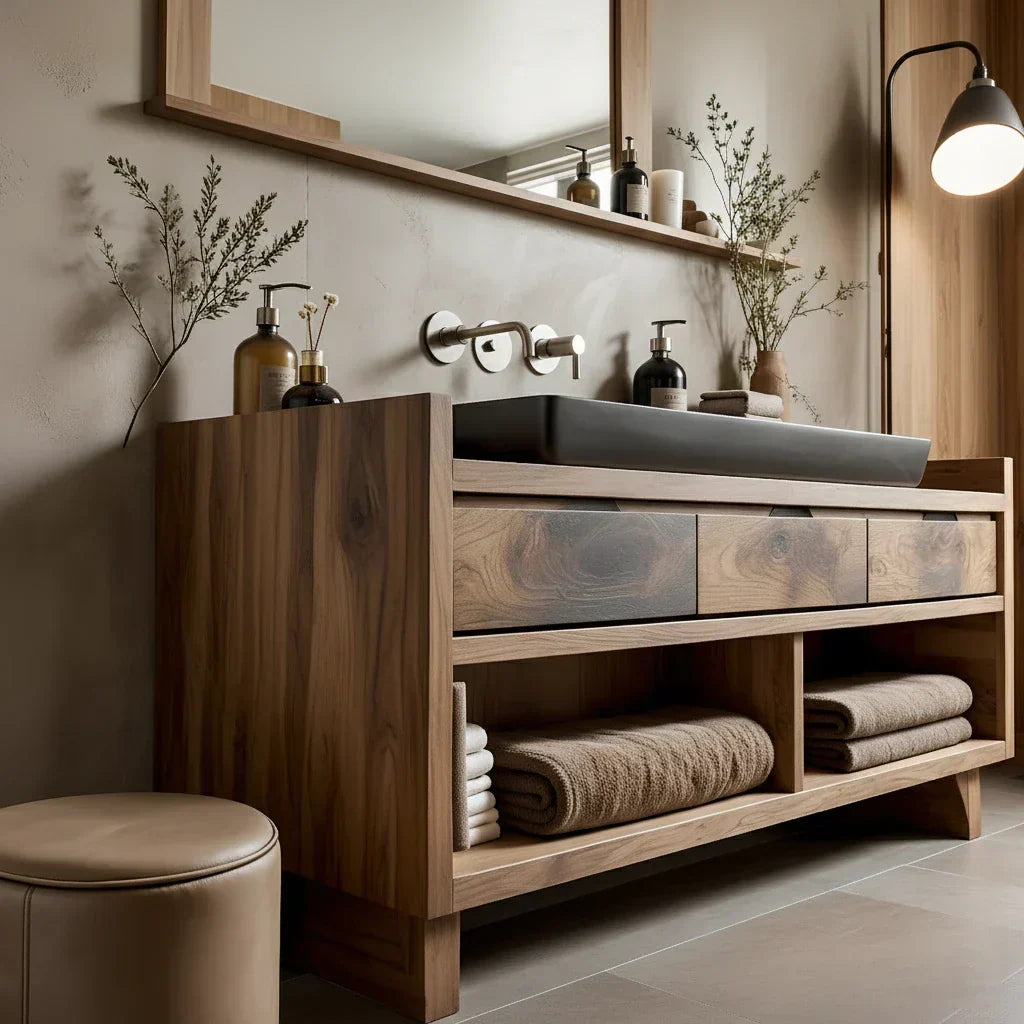 Solid Wood Bathroom Vanity Cabinet with Three Drawers and Open Shelf Storage