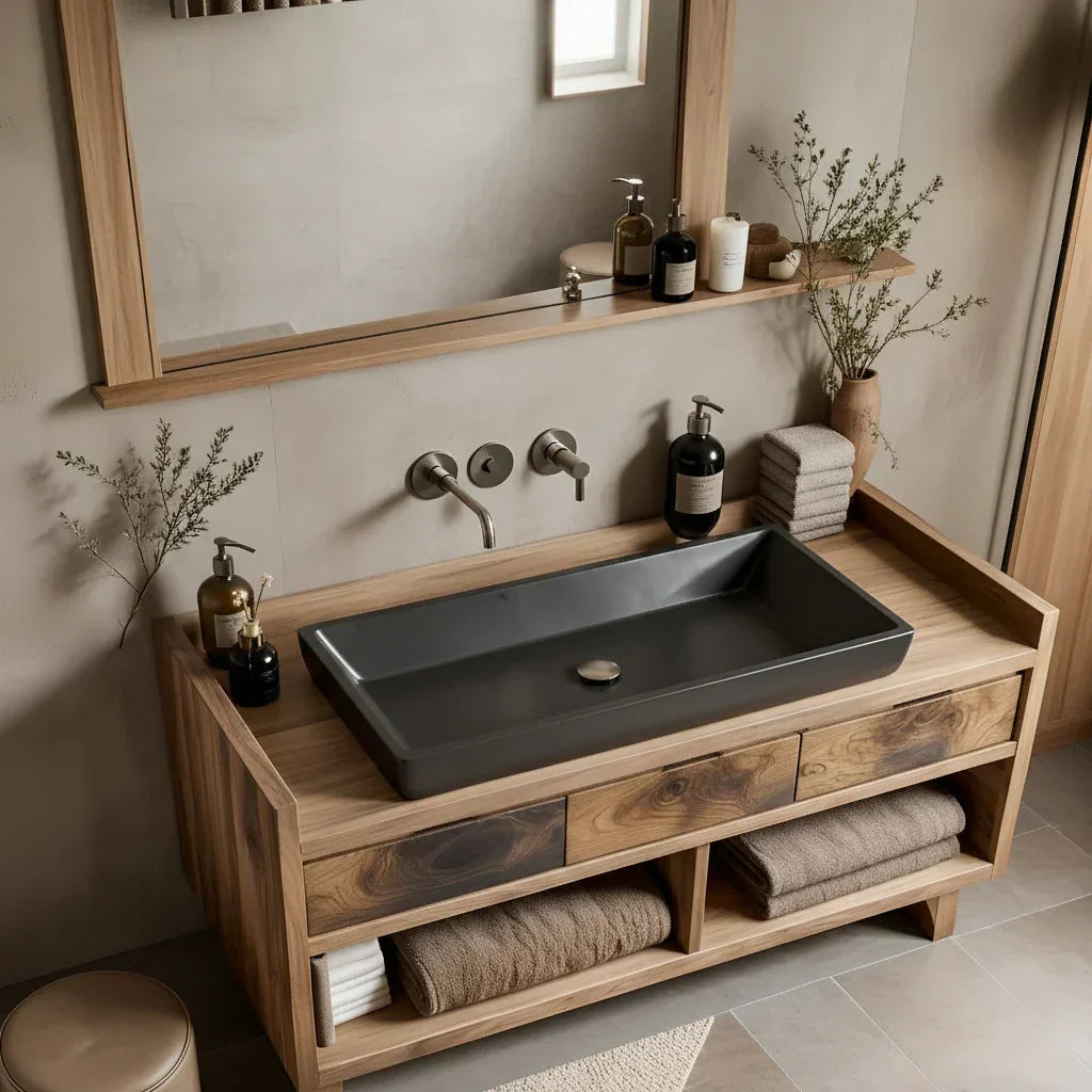 Solid Wood Bathroom Vanity Cabinet with Three Drawers and Open Shelf Storage