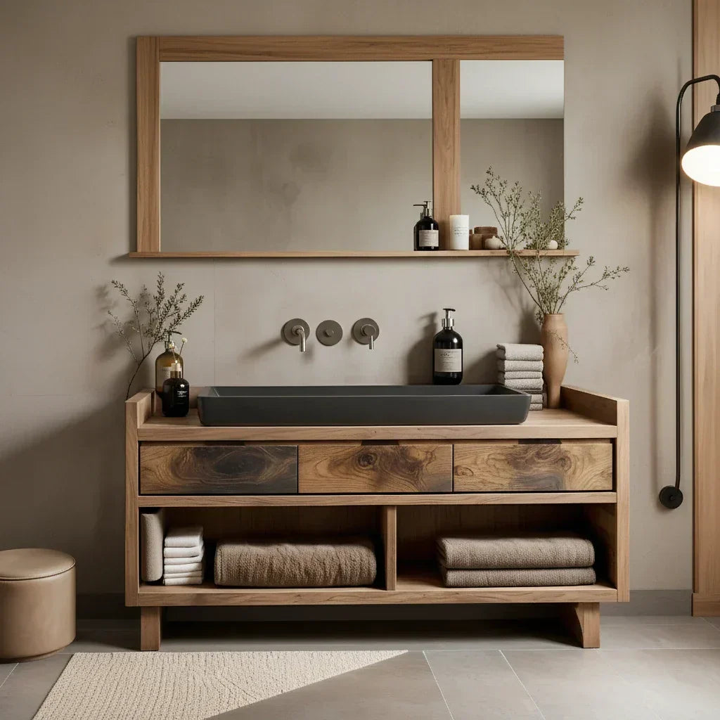 Solid Wood Bathroom Vanity Cabinet with Three Drawers and Open Shelf Storage