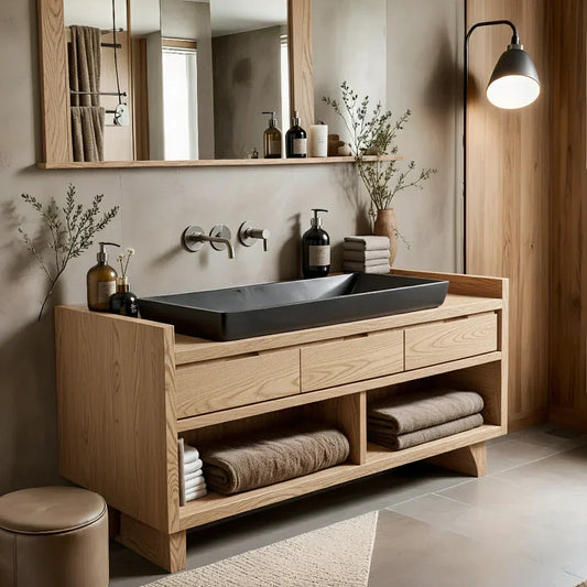 Solid Wood Bathroom Vanity Cabinet with Three Drawers and Open Shelf Storage