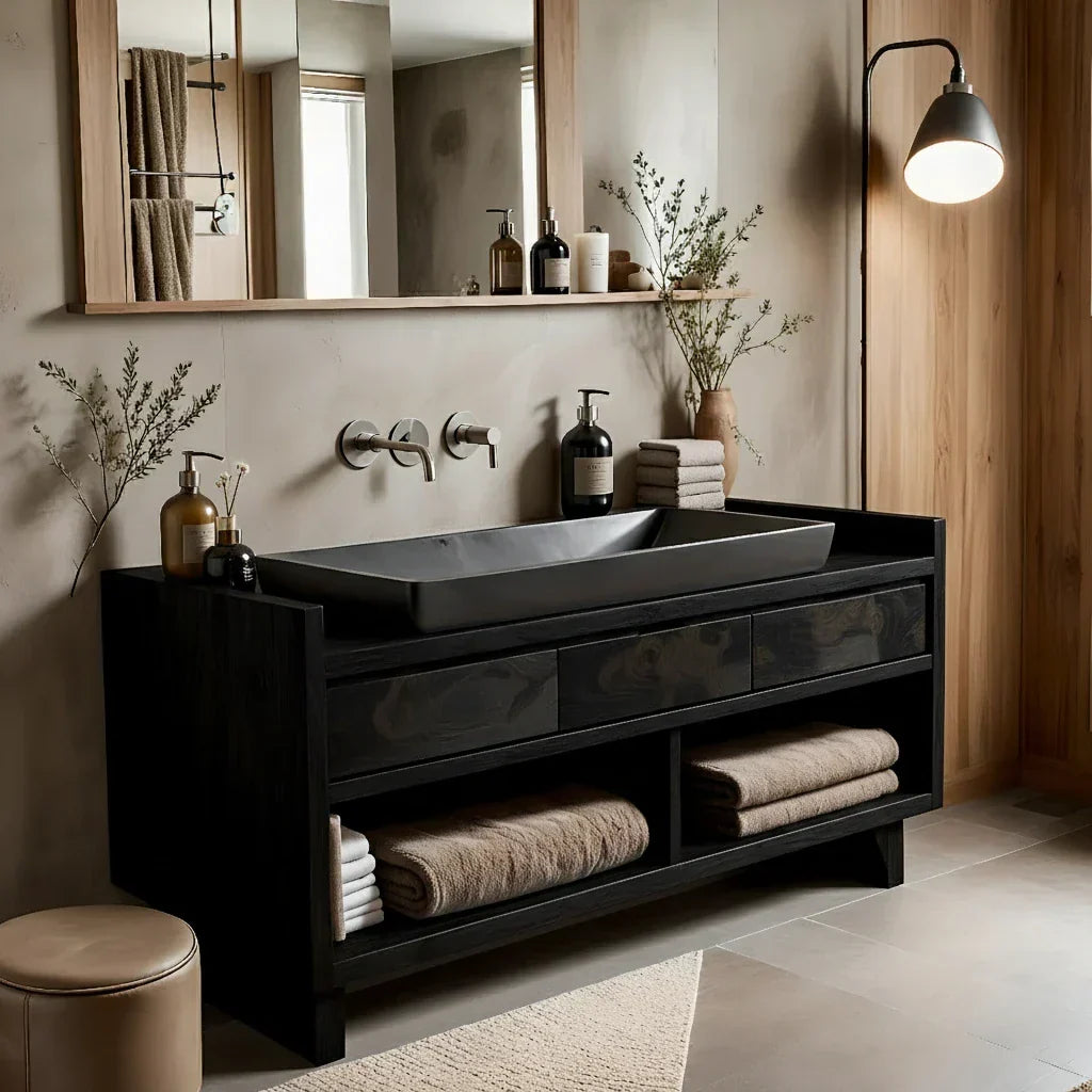 Solid Wood Bathroom Vanity Cabinet with Three Drawers and Open Shelf Storage