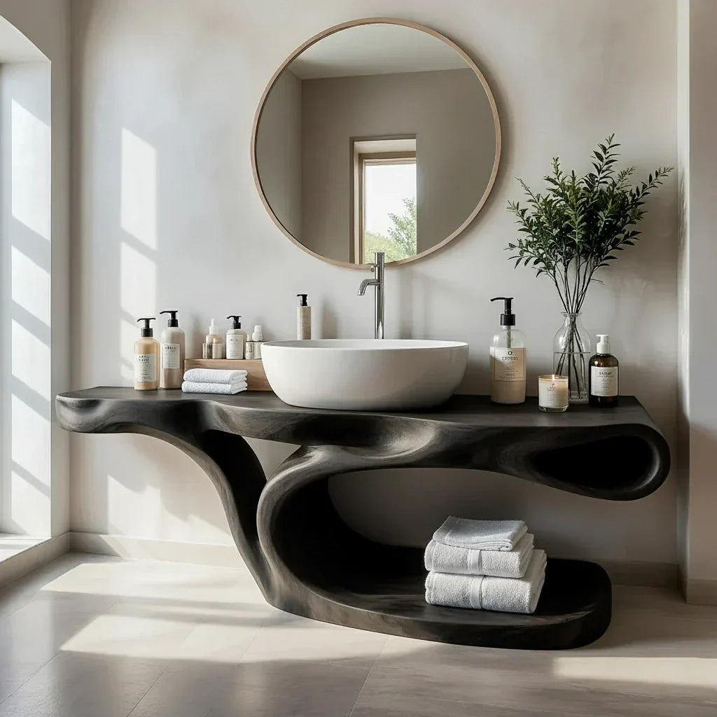 Sculptural Solid Wood Bathroom Vanity with Open Shelf Storage