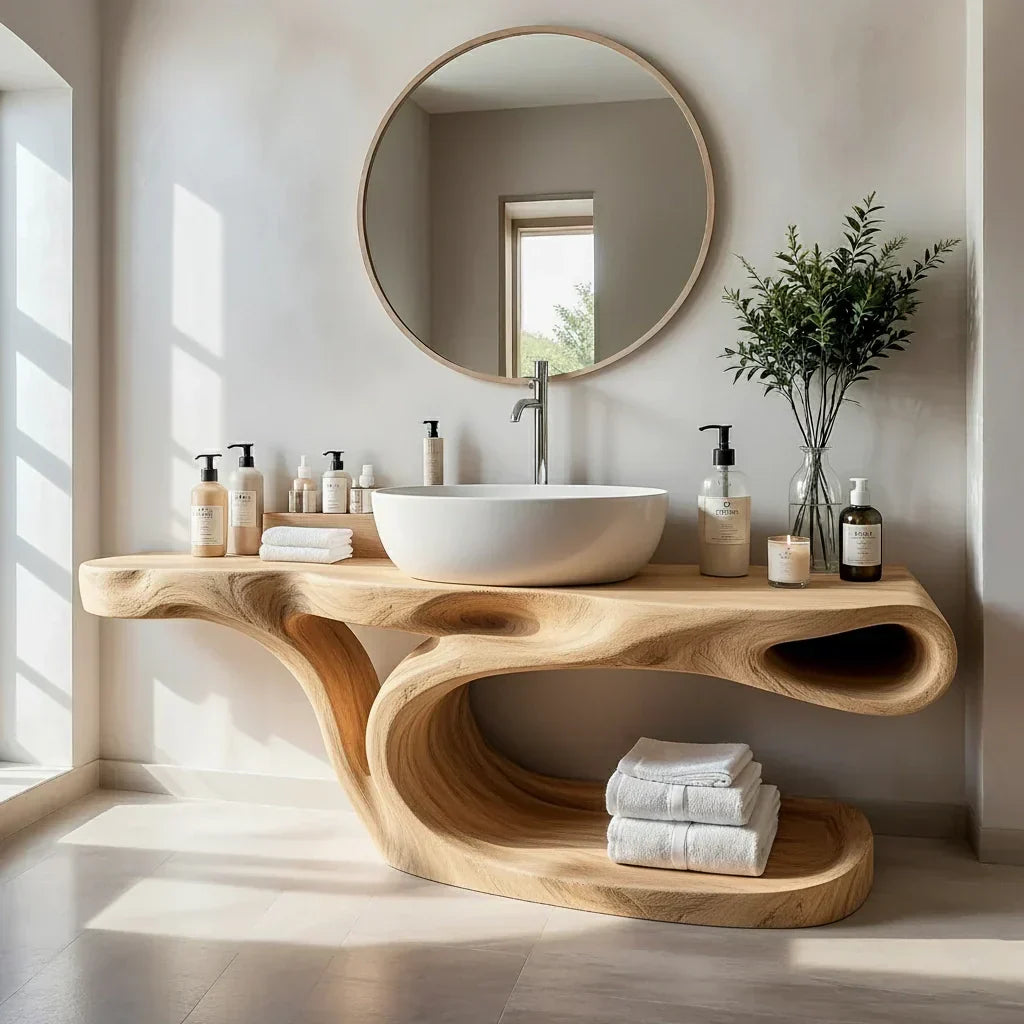 Sculptural Solid Wood Bathroom Vanity with Open Shelf Storage