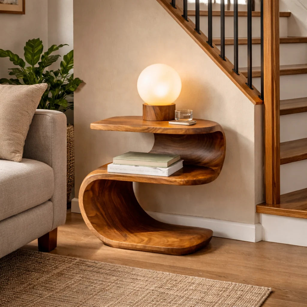 Handcrafted Solid Wood Sculptural Nightstand with Open Shelf Storage