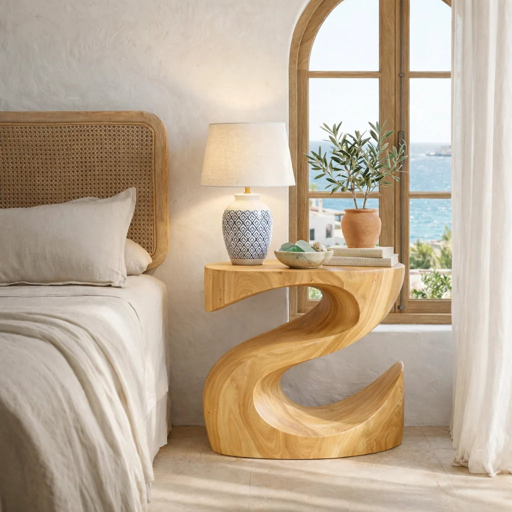 Handcrafted Solid Wood Bedside Table with Sculptural Curved Base