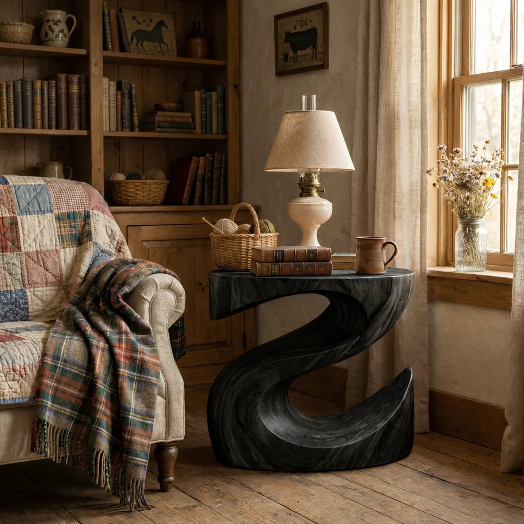 Handcrafted Solid Wood Bedside Table with Sculptural Curved Base