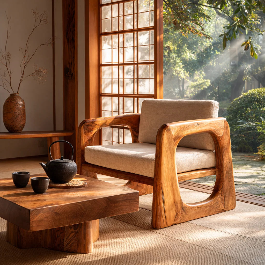Sculpted Solid Wood Lounge Armchair for Reading Nooks