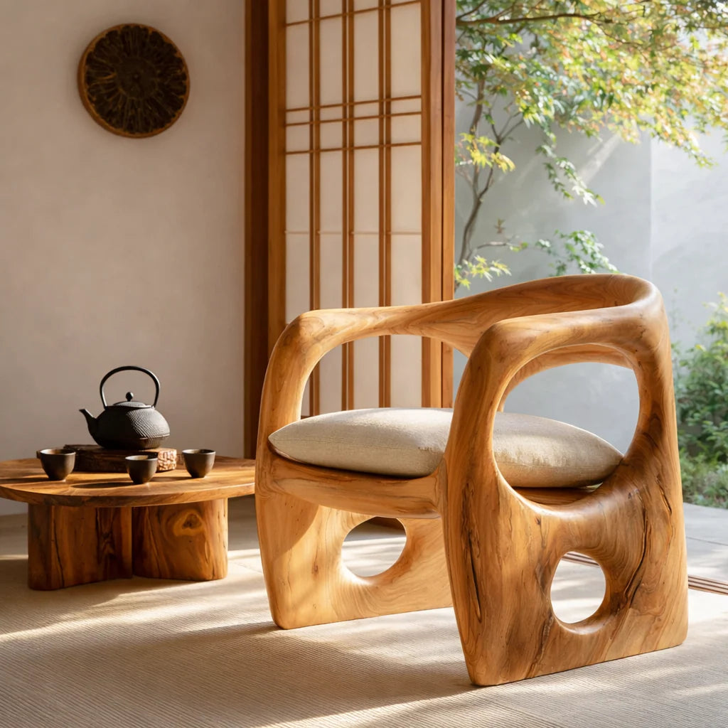 Hand-Carved Organic Solid Wood Lounge Chair