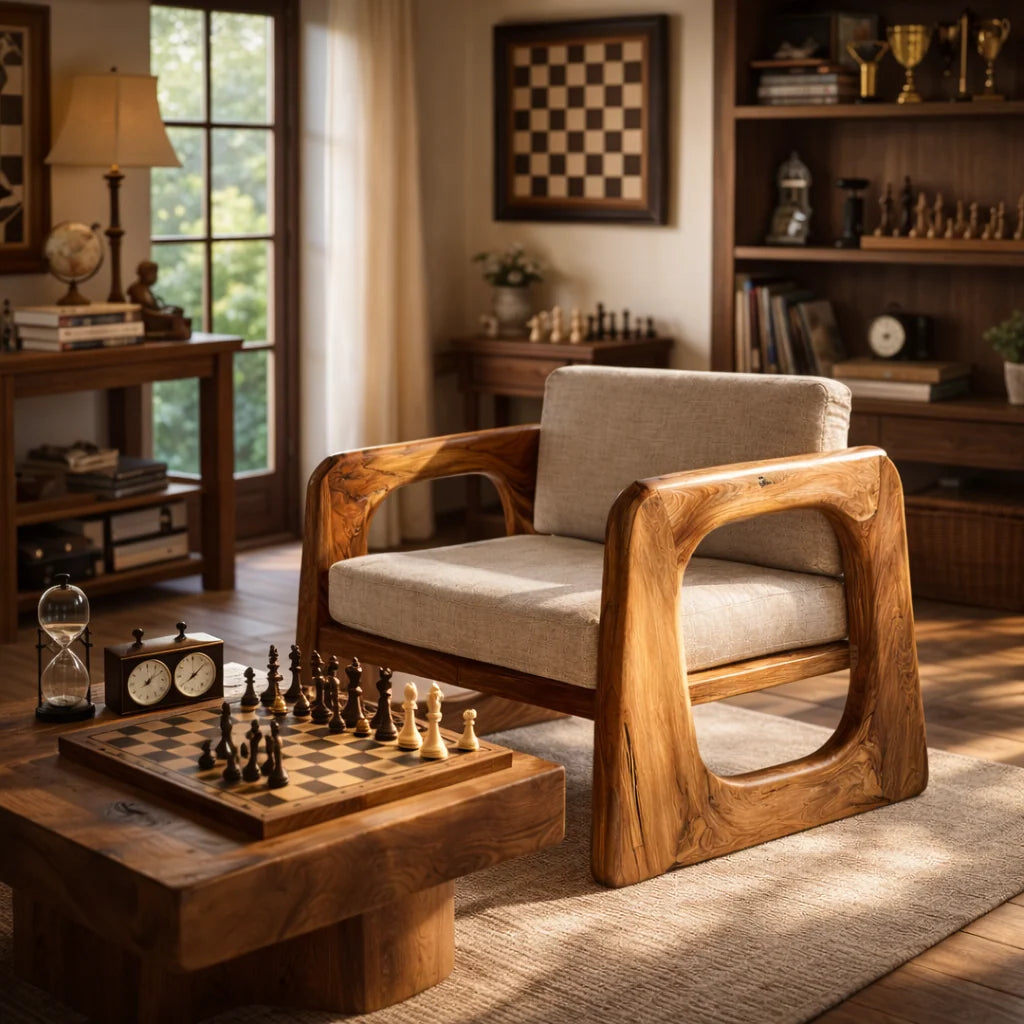 Sculpted Solid Wood Lounge Armchair for Reading Nooks