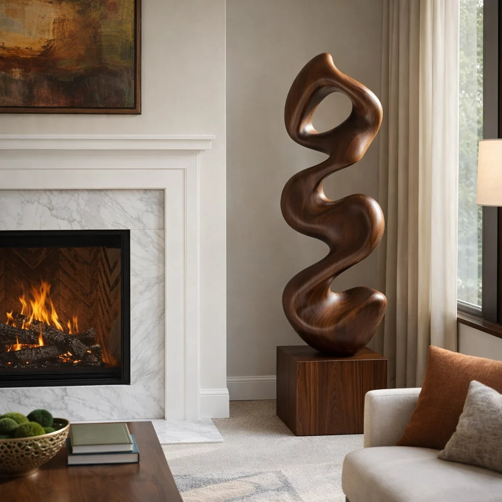 Organic Wave Solid Wood Sculpture – Contemporary Decorative Art for Living Rooms and Modern Interiors