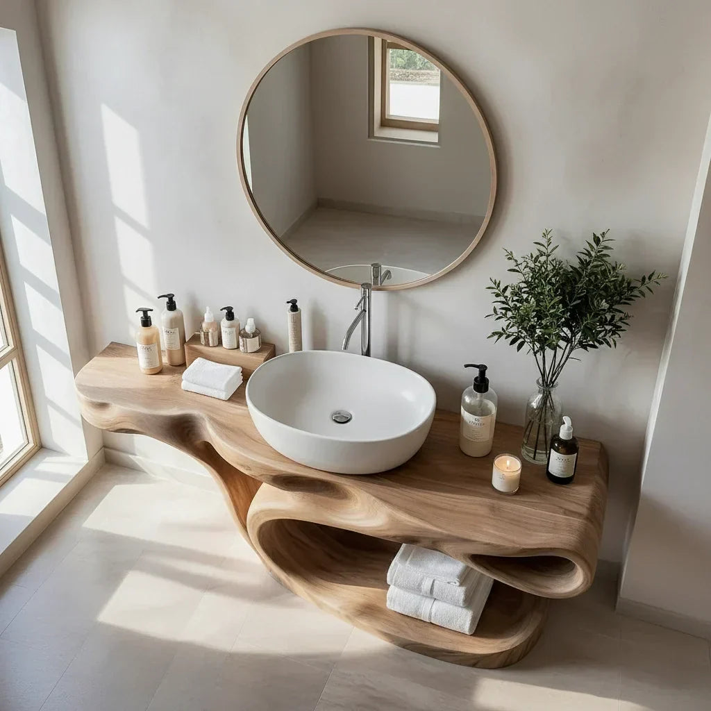 Sculptural Solid Wood Bathroom Vanity with Open Shelf Storage