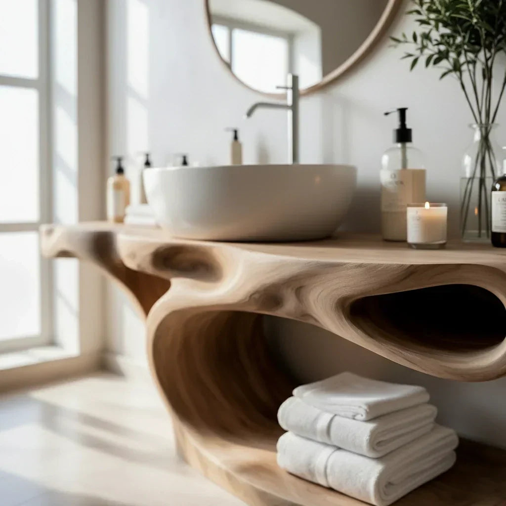 Sculptural Solid Wood Bathroom Vanity with Open Shelf Storage