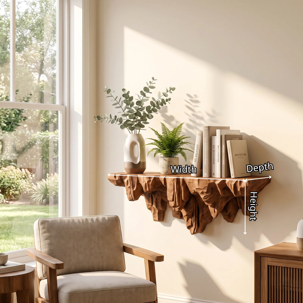 Sculptural Carved Cliff Base Solid Wood Wall Shelf