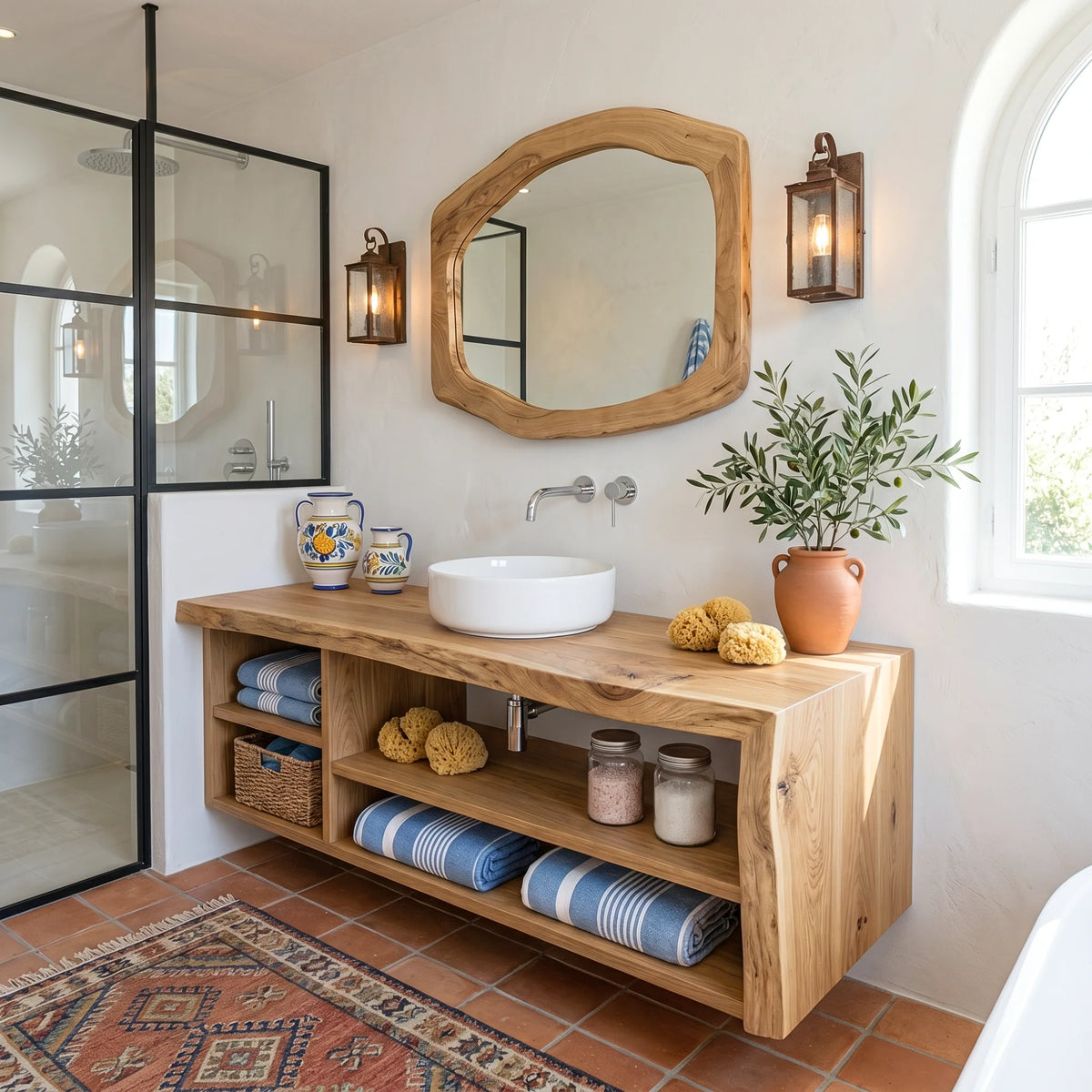 Solid Wood Bathroom Vanity with Open Storage and Vessel Sink – Modern Wooden Bathroom Cabinet