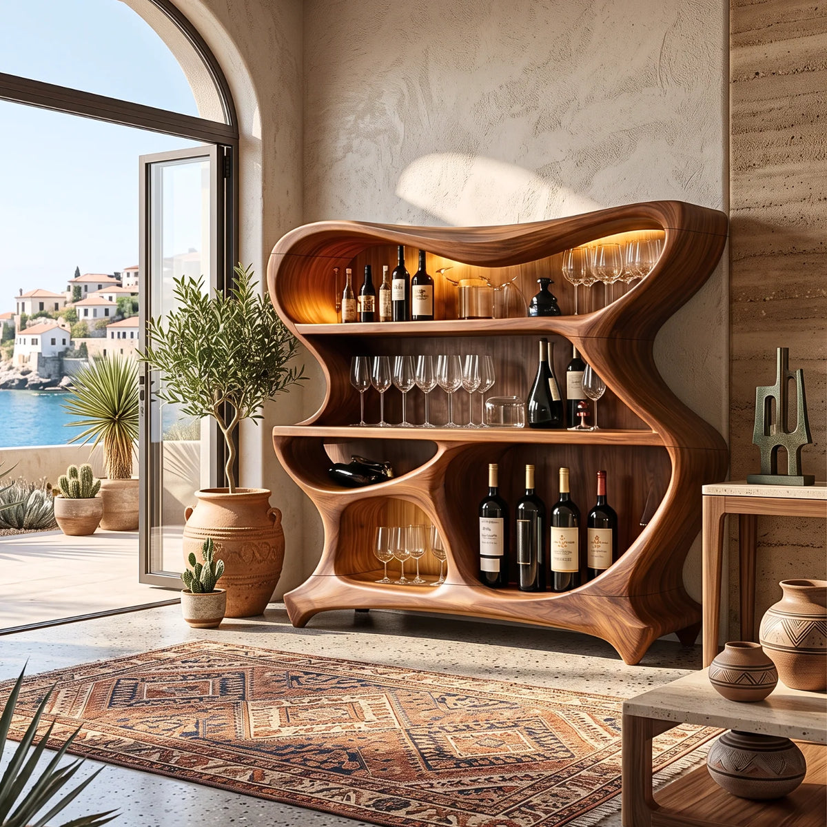 Solid Wood Bar Cabinet with Sculptural Open Shelves for Living Room