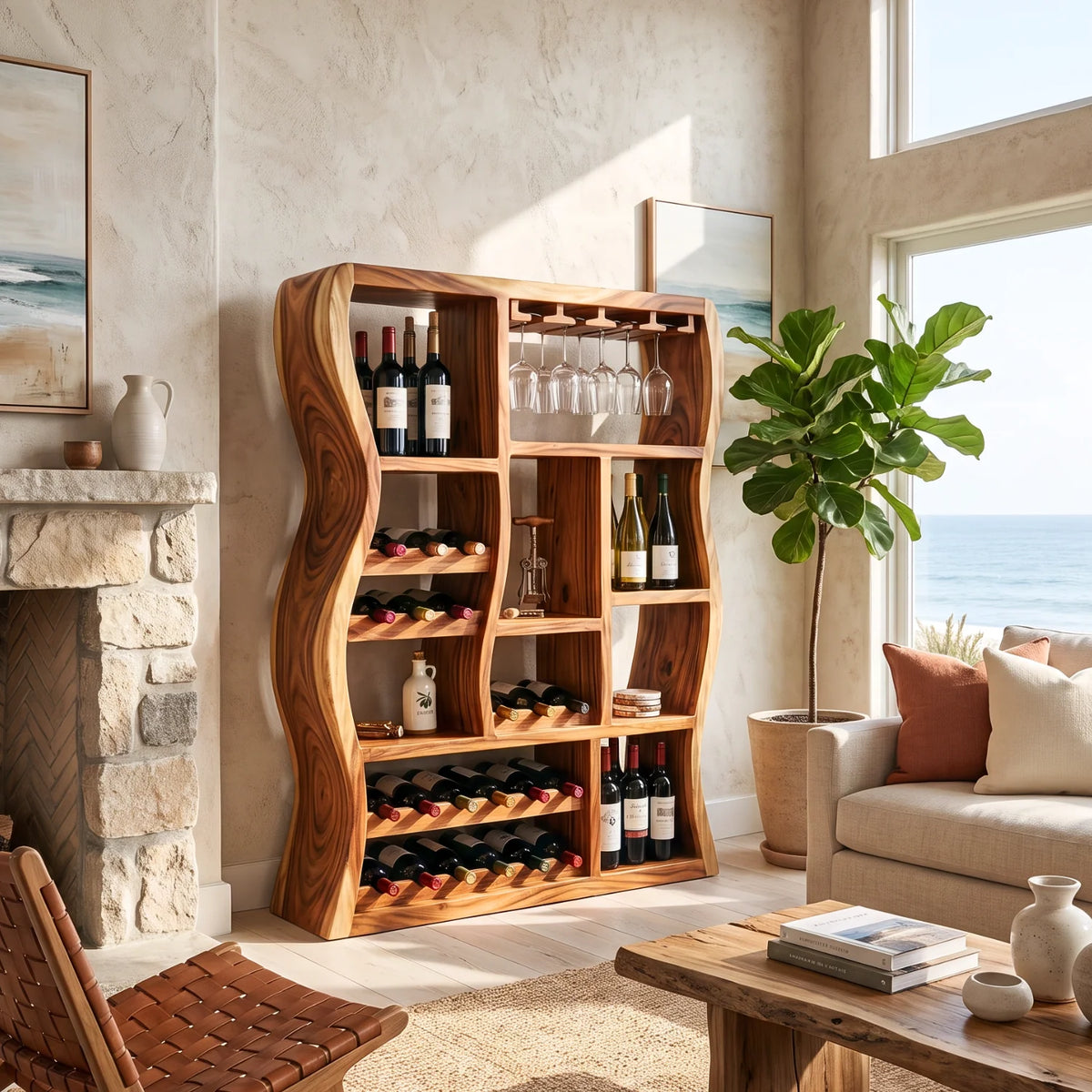 Sculptural Solid Wood Wine Cabinet with Curved Open Storage Compartments