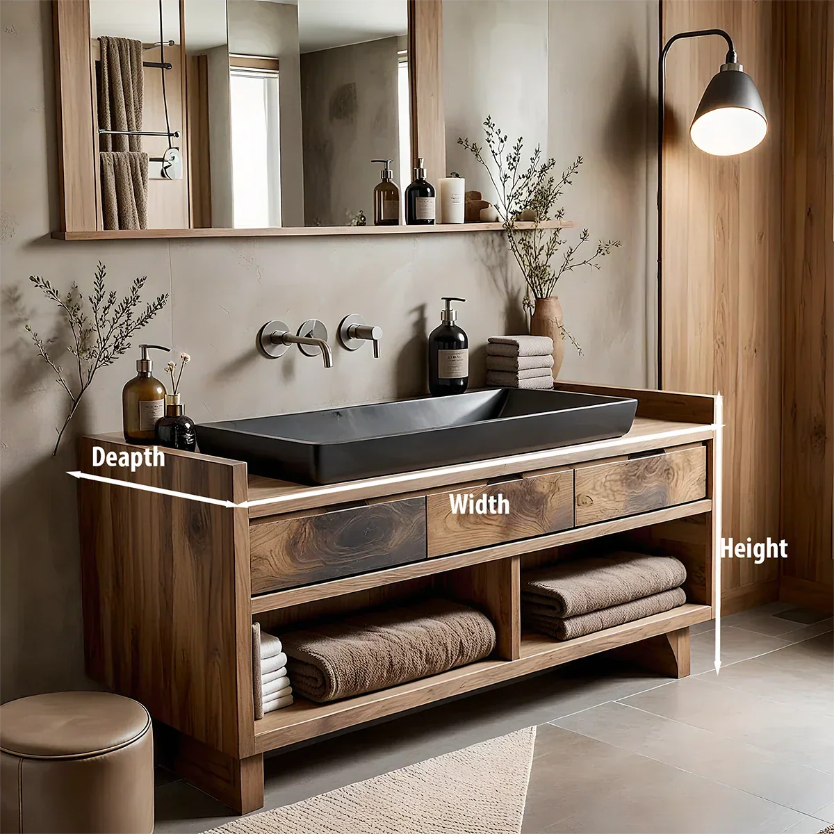 Solid Wood Bathroom Vanity Cabinet with Three Drawers and Open Shelf Storage
