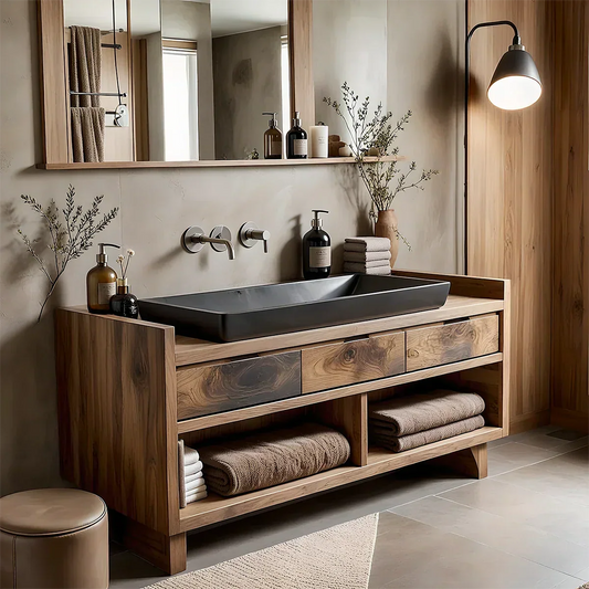 Solid Wood Bathroom Vanity Cabinet with Three Drawers and Open Shelf Storage