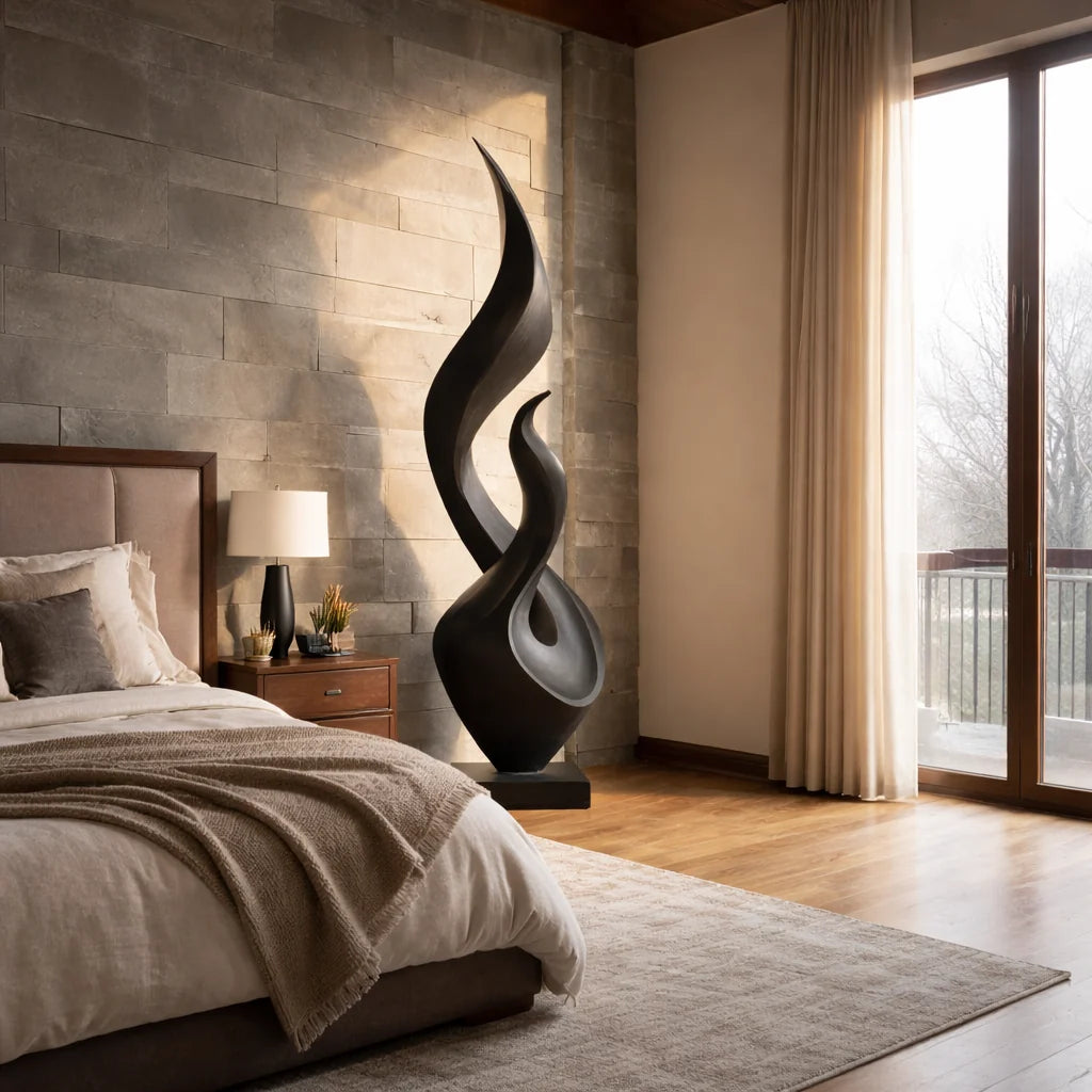 Tall Solid Wood Flame Sculpture – Modern Freestanding Decorative Art for Contemporary Interiors