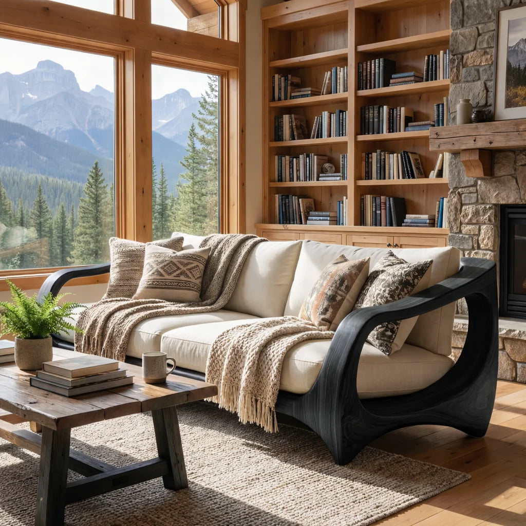 Handcrafted Solid Wood Sofa with Open Sculptural Arms for Living Room