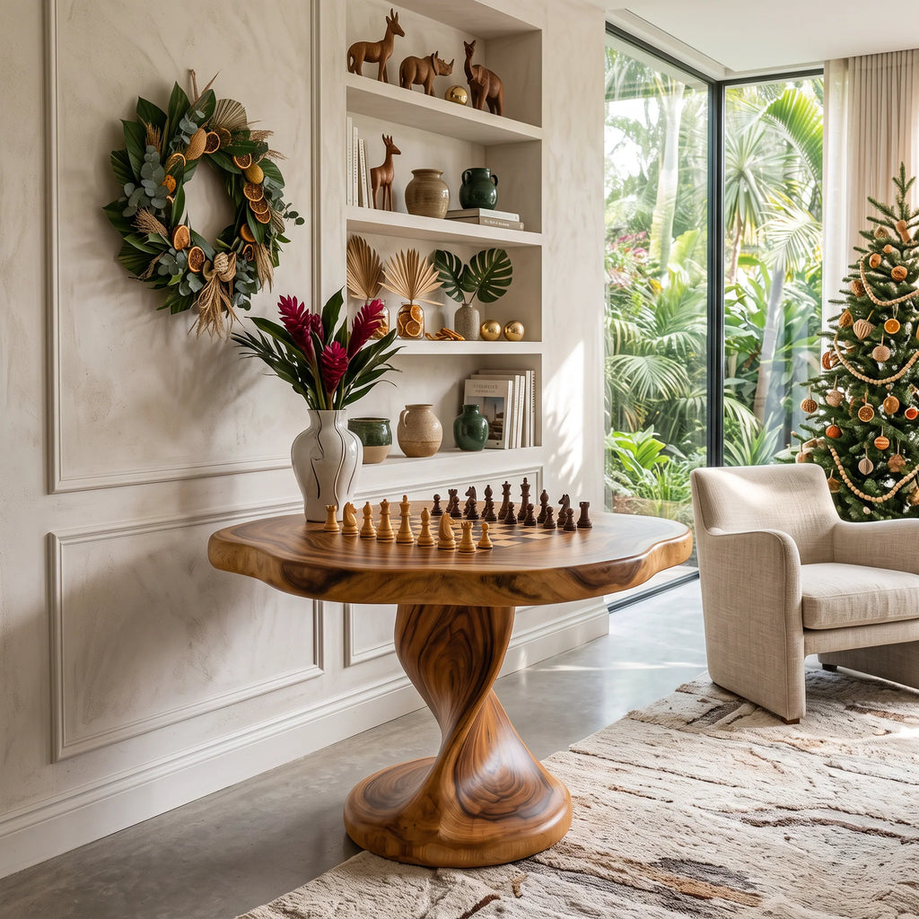 Handcrafted Solid Wood Chess Table with Pedestal Base