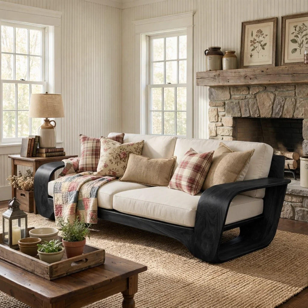 Sculptural Solid Wood Sofa with Curved Loop Arms