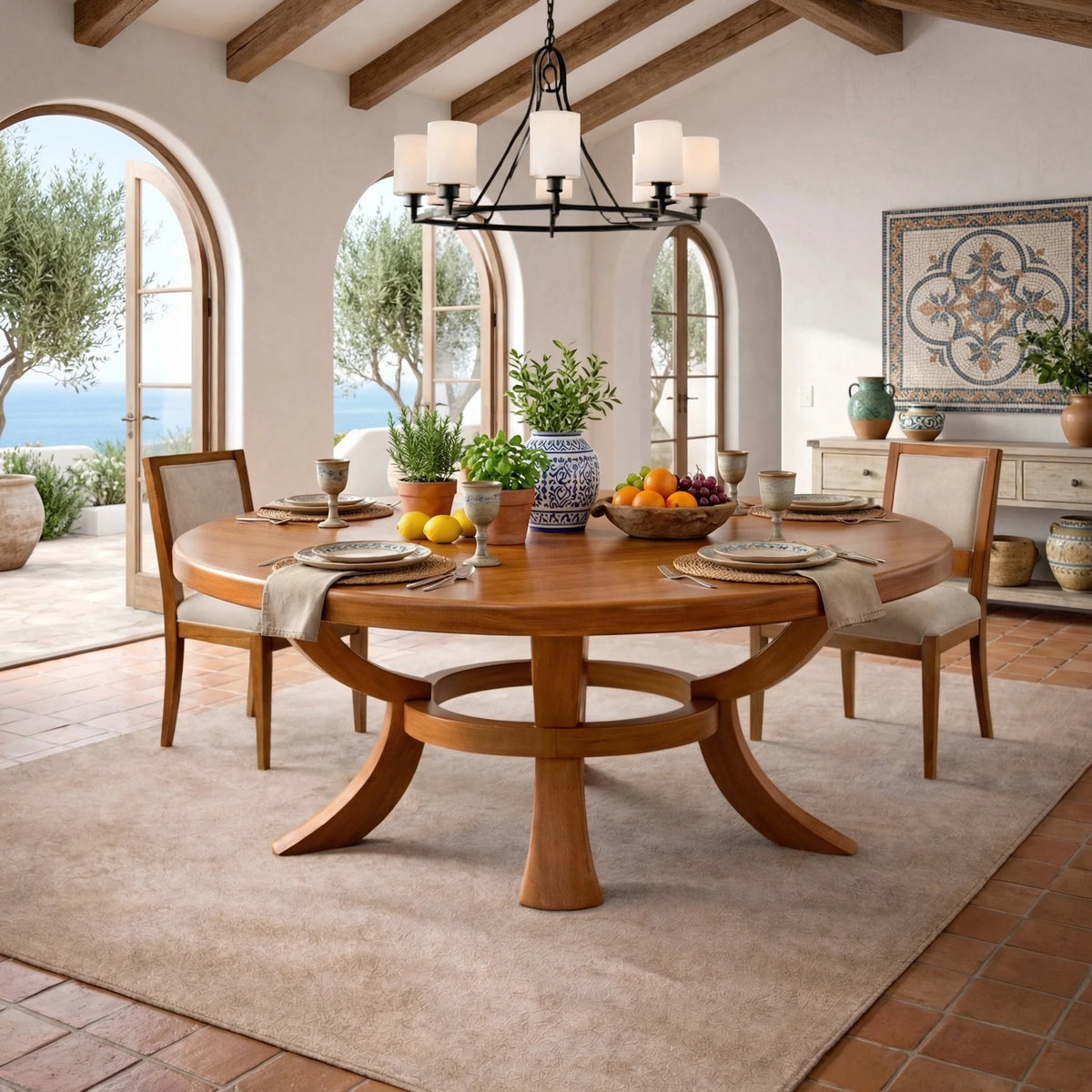 Large Round Solid Wood Dining Table with Sculptural Pedestal Base