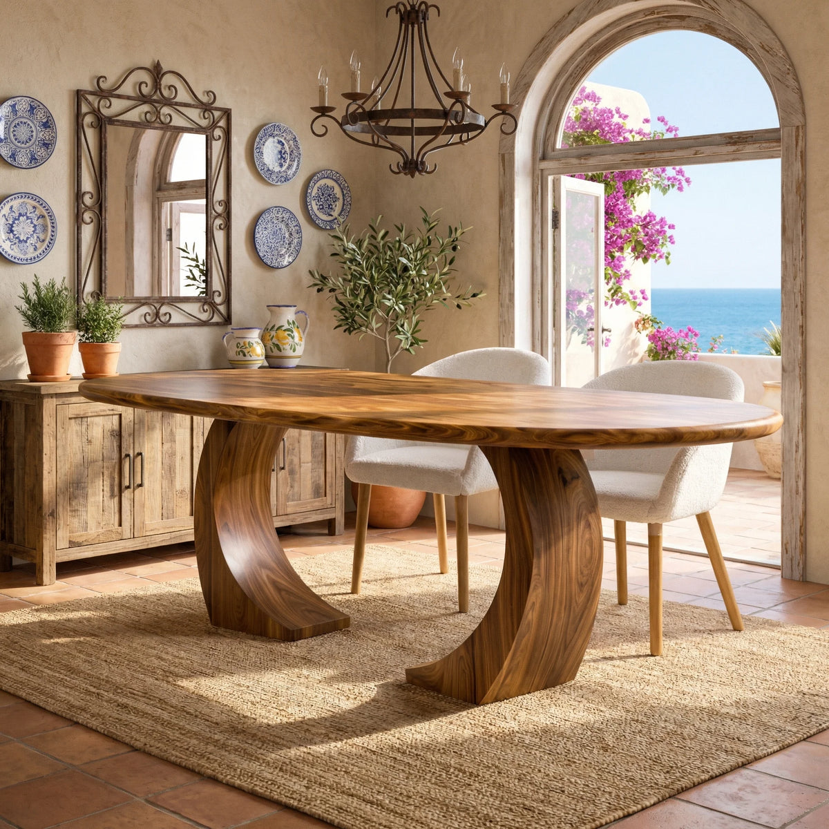 Oval Solid Wood Dining Table with Sculptural Curved Legs